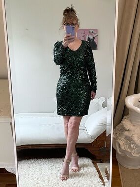 VINTAGE EMERALD GREEN LONG SLEEVE SEQUIN DRESS ZIPPER LINED VERO MODA RUCHED